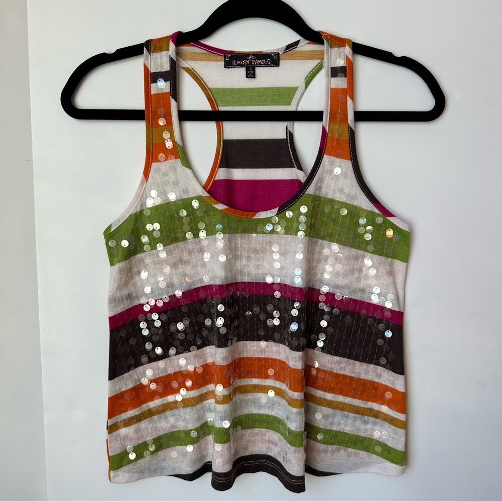 Almost Famous Sequin Stripes Super Racer Back Tank Top Shirt Size S